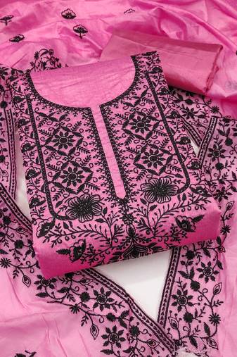 Women's pink unstitched heavy thread embroidered chanderi cotton dress material 
