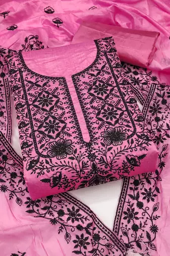 Women's pink unstitched heavy thread embroidered chanderi cotton dress material 