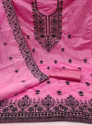 Women's pink heavy thread embroidered chanderi cotton dress material 2