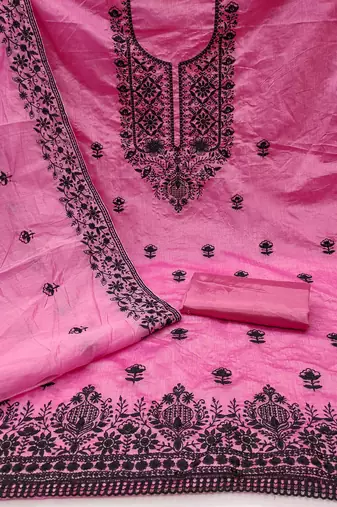 Women's pink heavy thread embroidered chanderi cotton dress material