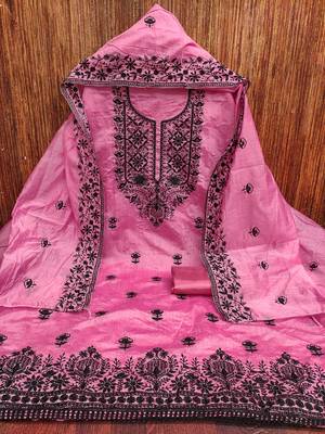 Women's pink heavy thread embroidered chanderi cotton dress material 3