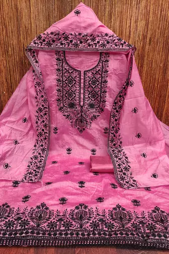 Women's pink heavy thread embroidered chanderi cotton dress material