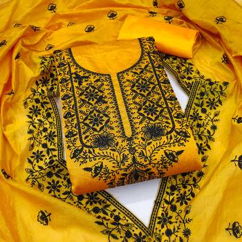 Women's yellow heavy thread embroidered chanderi cotton dress material 1