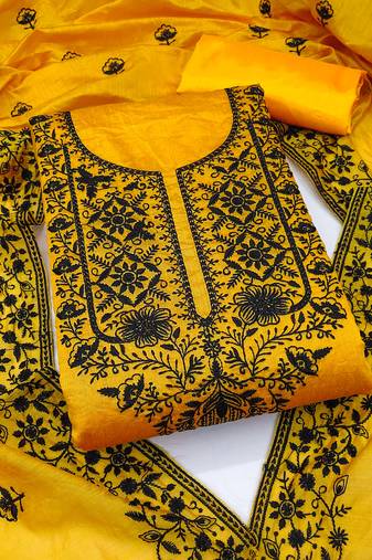 Women's yellow unstitched heavy thread embroidered chanderi cotton dress material 