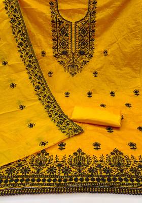 Women's yellow heavy thread embroidered chanderi cotton dress material 2
