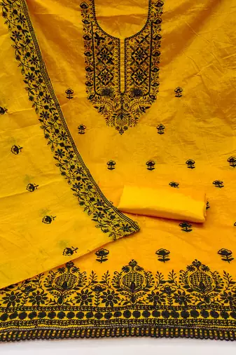 Women's yellow heavy thread embroidered chanderi cotton dress material