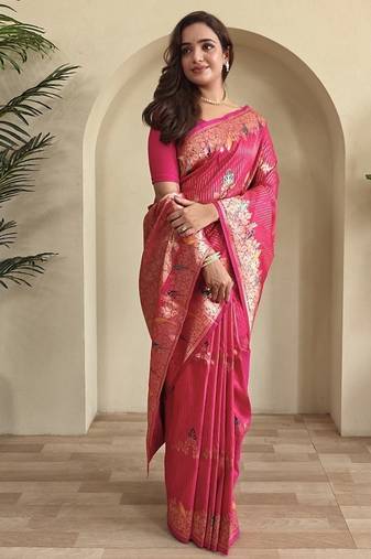 Rani Pink Banarasi Mashru Satin silk blend Sarees 