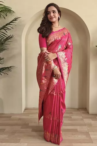 Rani Pink Banarasi Mashru Satin silk blend Sarees 