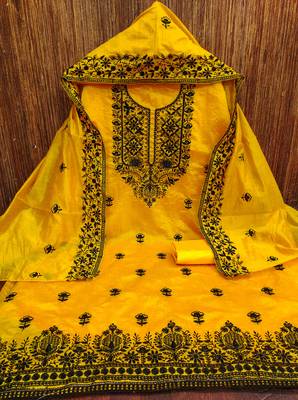 Women's yellow heavy thread embroidered chanderi cotton dress material 3