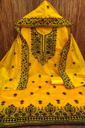 Women's yellow heavy thread embroidered chanderi cotton dress material
