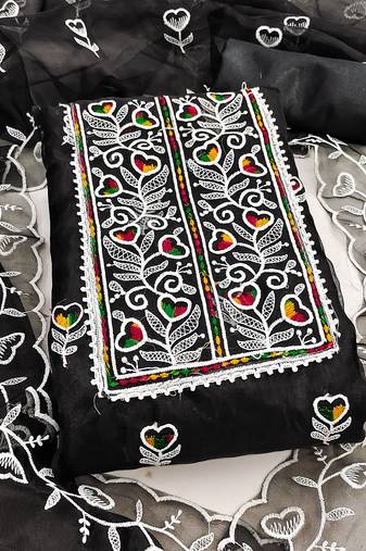Women's black unstitched heavy thread embroidered organza dress material 