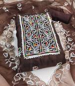 Women's brown unstitched heavy thread embroidered organza dress material 