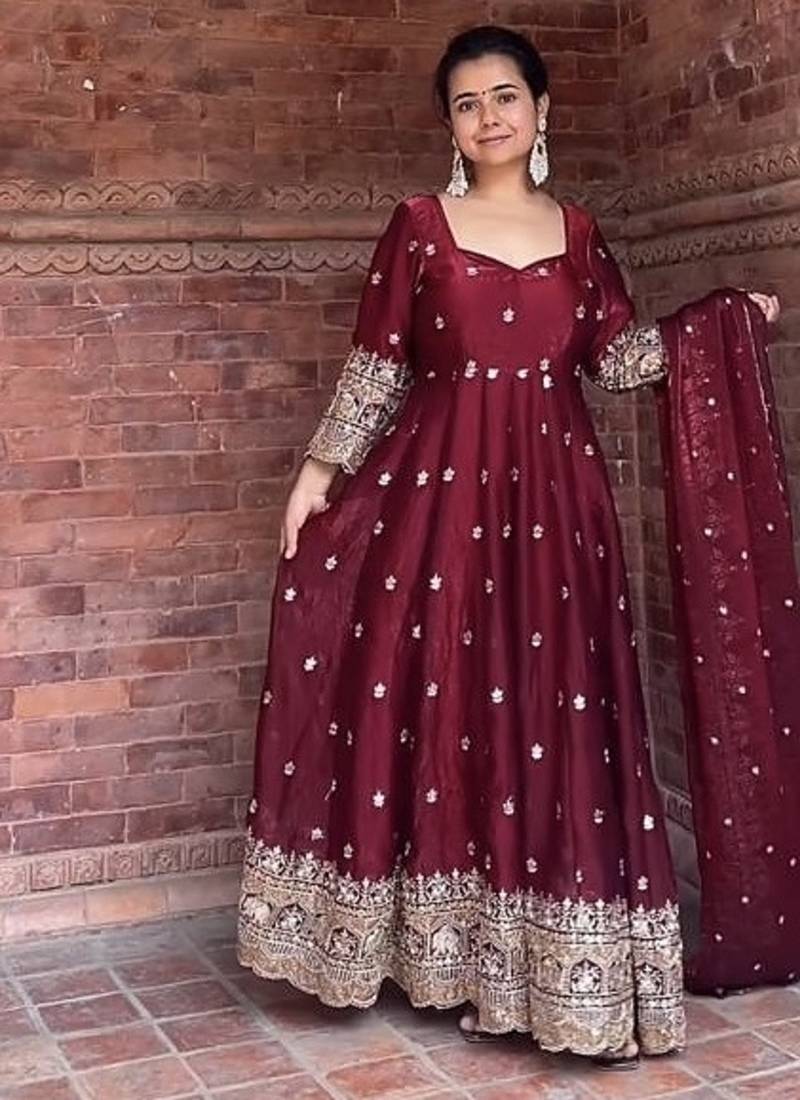 MAROON HEAVY FENDY SILK Embroidery Work PARTY WEAR SUIT SET