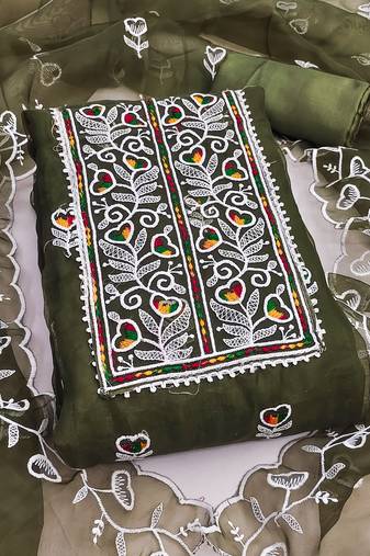 Women's mehandi unstitched heavy thread embroidered organza dress material 