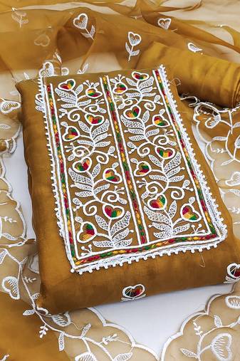 Women's mustard unstitched heavy thread embroidered organza dress material 