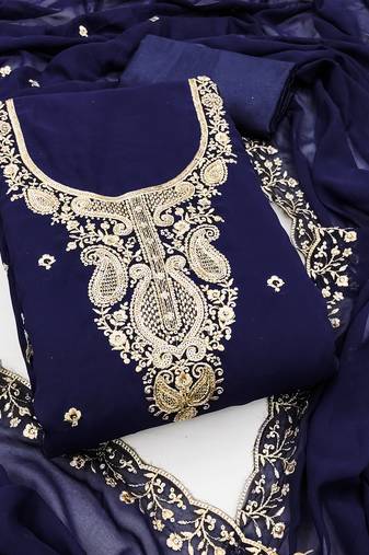 Women's blue unstitched heavy thread embroidered georgette dress material 