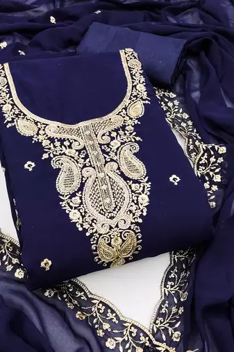 Women's blue unstitched heavy thread embroidered georgette dress material 