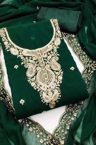 Women's green unstitched heavy thread embroidered georgette dress material 