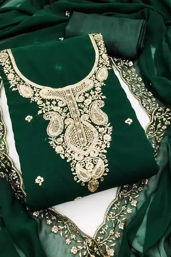 Women's green unstitched heavy thread embroidered georgette dress material 