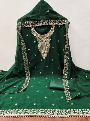 Women's green heavy thread embroidered georgette dress material 2
