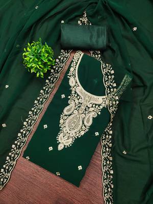 Women's green heavy thread embroidered georgette dress material 3