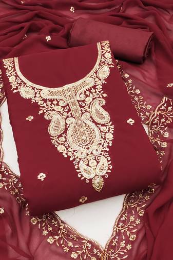 Women's maroon unstitched heavy thread embroidered georgette dress material 