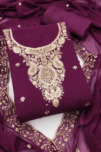 Women's purple unstitched heavy thread embroidered georgette dress material 