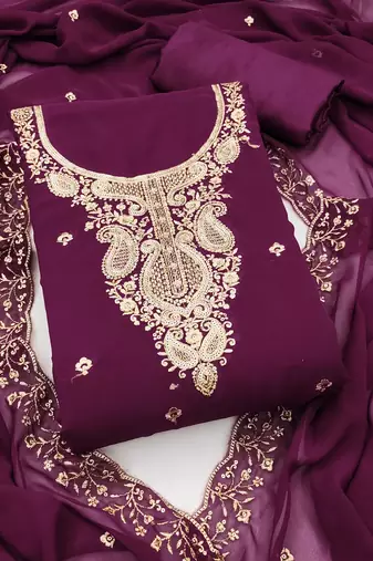 Women's purple unstitched heavy thread embroidered georgette dress material 