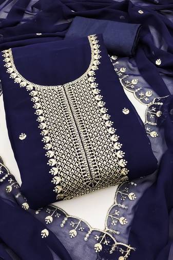 Women's blue unstitched heavy thread embroidered georgette dress material 