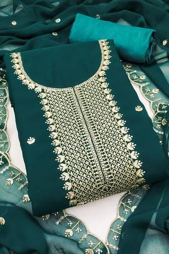 Women's green unstitched heavy thread embroidered georgette dress material 