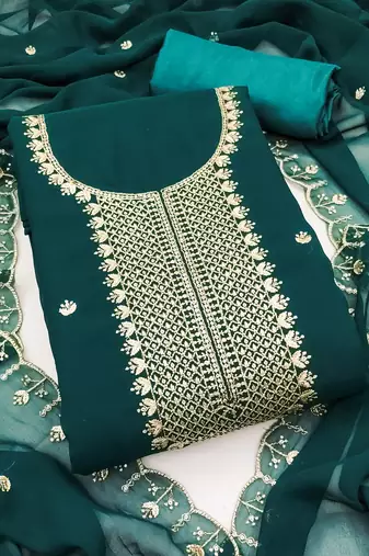 Women's green unstitched heavy thread embroidered georgette dress material 