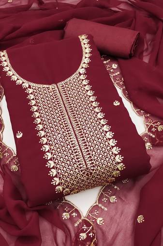 Women's maroon unstitched heavy thread embroidered georgette dress material 