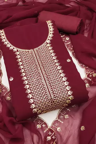 Women's maroon unstitched heavy thread embroidered georgette dress material 