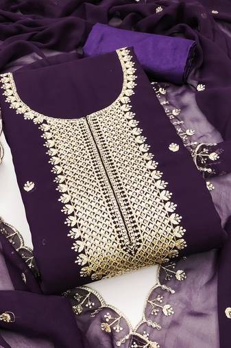 Women's purple unstitched heavy thread embroidered georgette dress material 