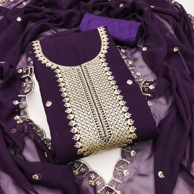 Women's purple unstitched heavy thread embroidered georgette dress material 