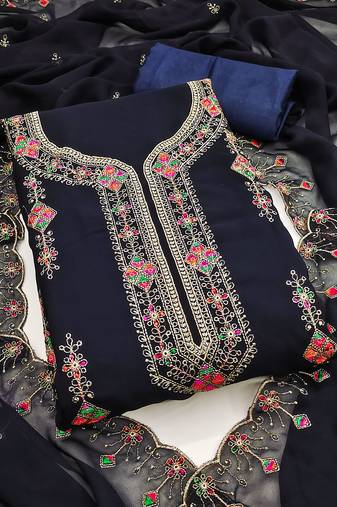 Women's blue unstitched heavy thread embroidered georgette dress material 