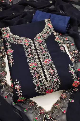 Women's blue unstitched heavy thread embroidered georgette dress material 