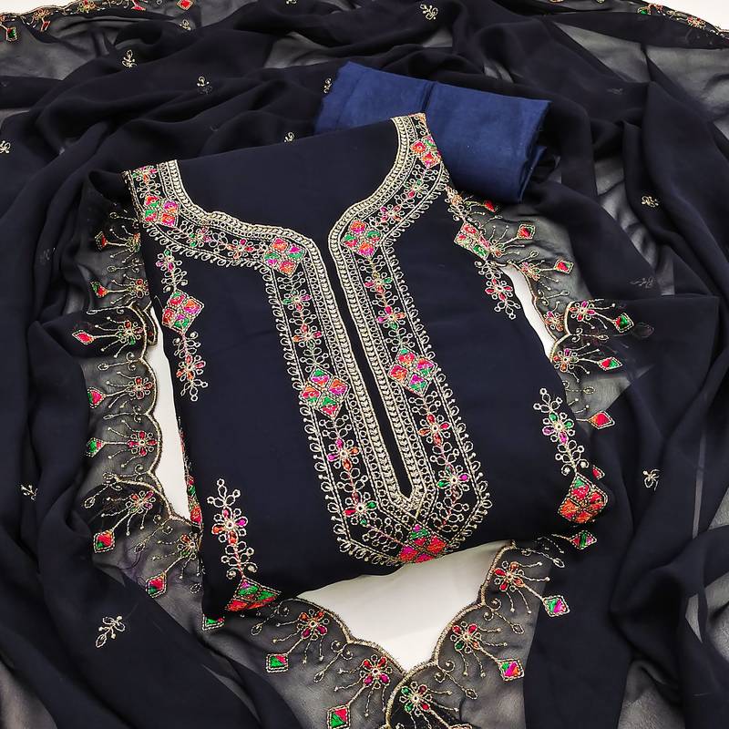 Women's blue unstitched heavy thread embroidered georgette dress material 
