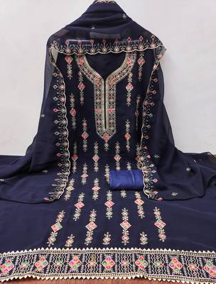 Women's blue heavy thread embroidered georgette dress material 2