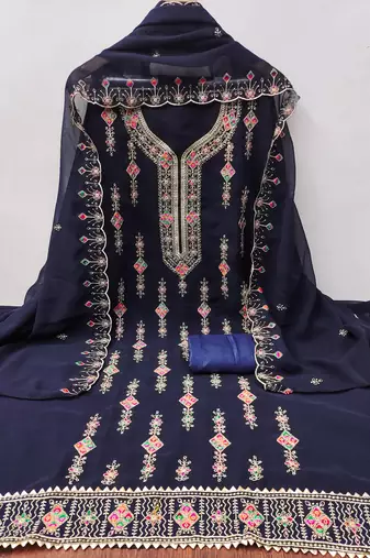 Women's blue heavy thread embroidered georgette dress material