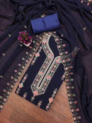 Women's blue heavy thread embroidered georgette dress material 3