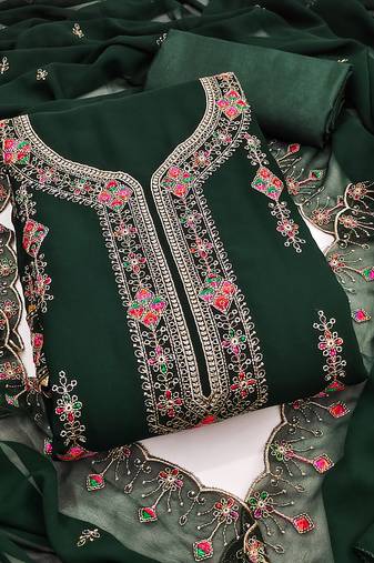 Women's green unstitched heavy thread embroidered georgette dress material 