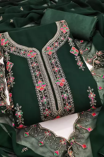 Women's green unstitched heavy thread embroidered georgette dress material 