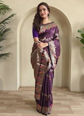 Plum Banarasi Mashru Satin silk blend Sarees  1