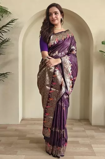 Plum Banarasi Mashru Satin silk blend Sarees 