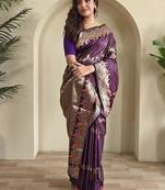 Plum Banarasi Mashru Satin silk blend Sarees 