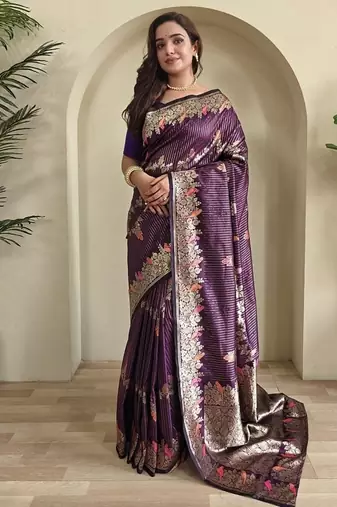 Plum Banarasi Mashru Satin silk blend Sarees 