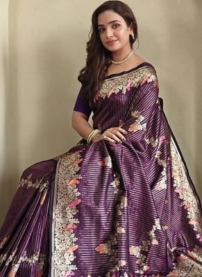 Plum Banarasi Mashru Satin silk blend Sarees  3