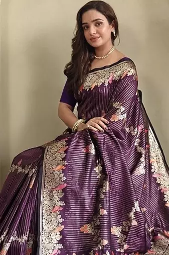 Plum Banarasi Mashru Satin silk blend Sarees 