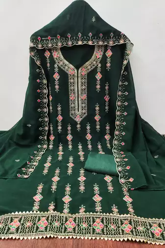Women's green heavy thread embroidered georgette dress material